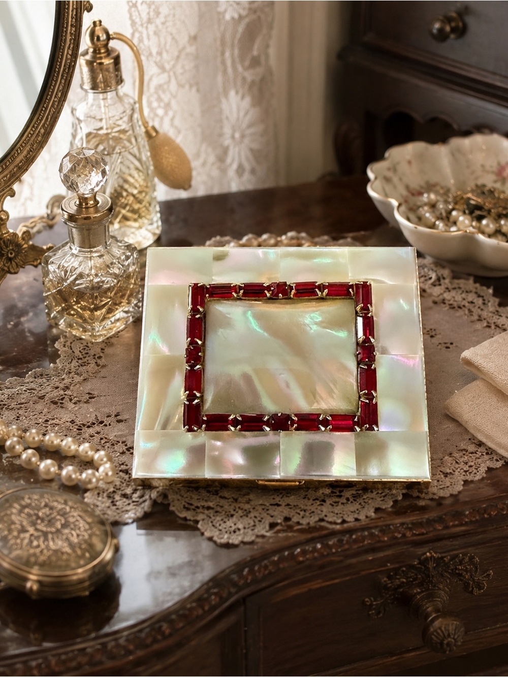 Elgin American Beauty Vintage Mother of Pearl Garnet Mirror Powder Compact Case
